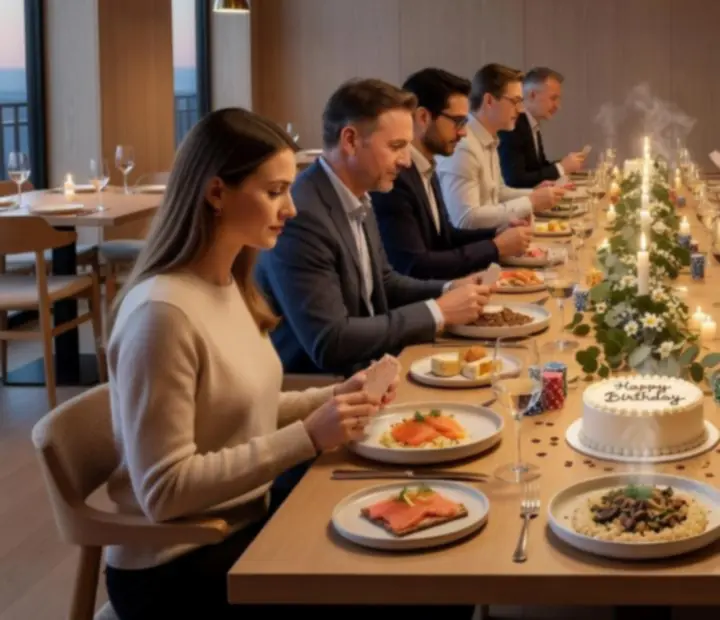 Urodzinowy stół w restauracji z elegancką zastawą i ciepłym oświetleniem