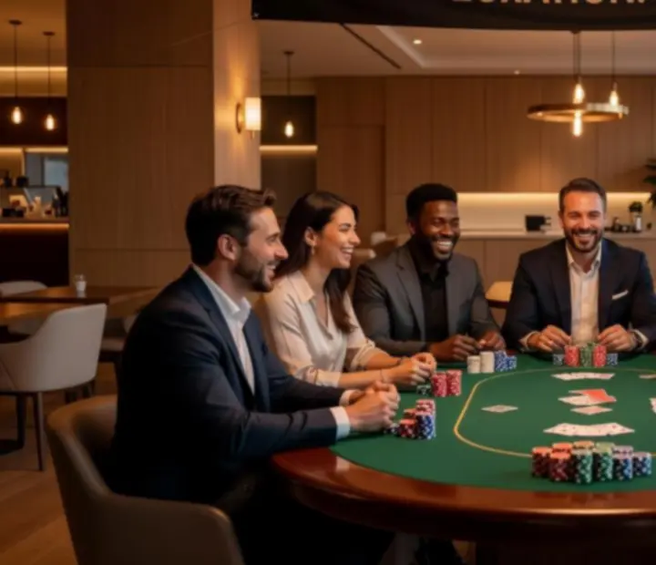 Zespół podczas integracyjnego pokerowego eventu w eleganckiej restauracji
