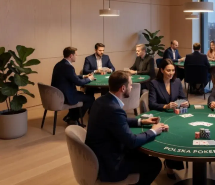 Elegancka restauracja przygotowana na wieczór pokerowy z profesjonalnym stołem i żetonami