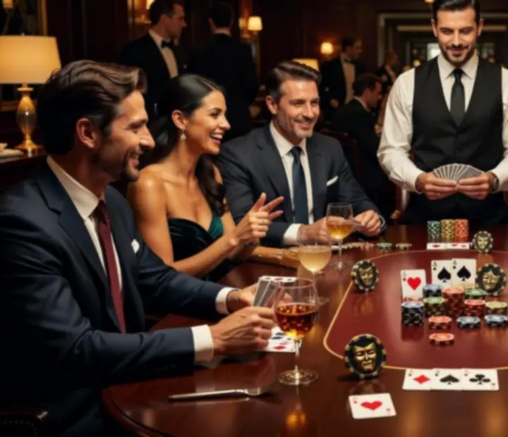 Goście przy profesjonalnym stole pokerowym podczas eventu w restauracji