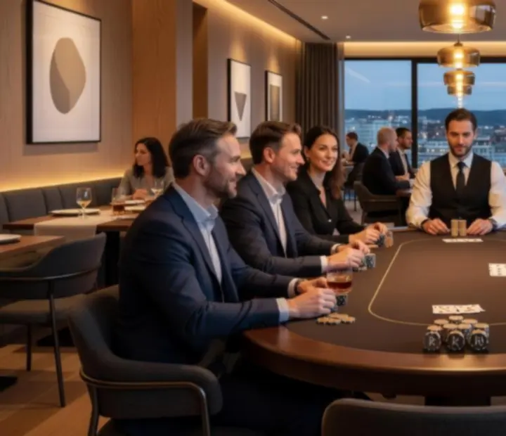 Elegancki event pokerowy w restauracji z profesjonalnym stołem i krupierem