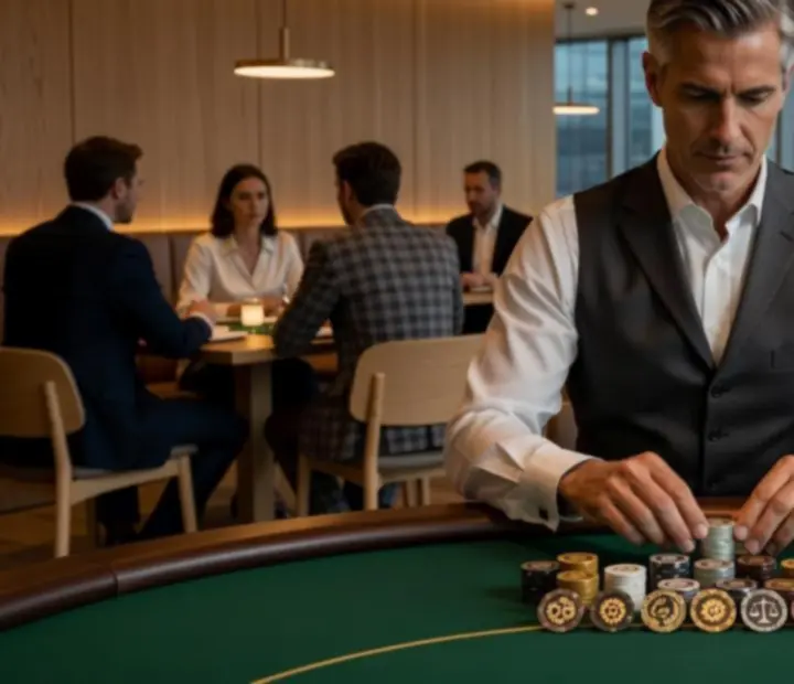 Profesjonalny krupier prowadzący rozgrywkę przy eleganckim stole pokerowym
