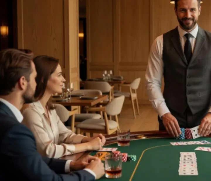 Profesjonalny krupier prowadzący firmowy event pokerowy