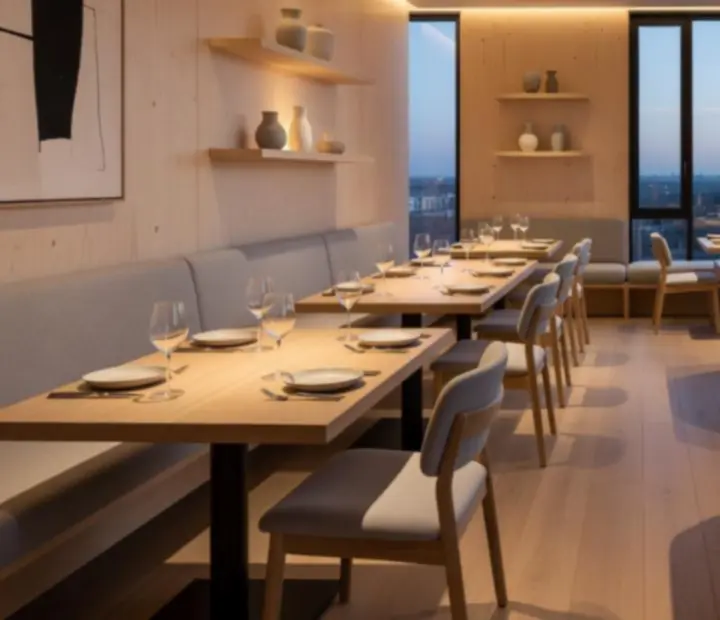 Skandynawski, elegancki wystrój restauracji partnerskiej z ciepłym oświetleniem