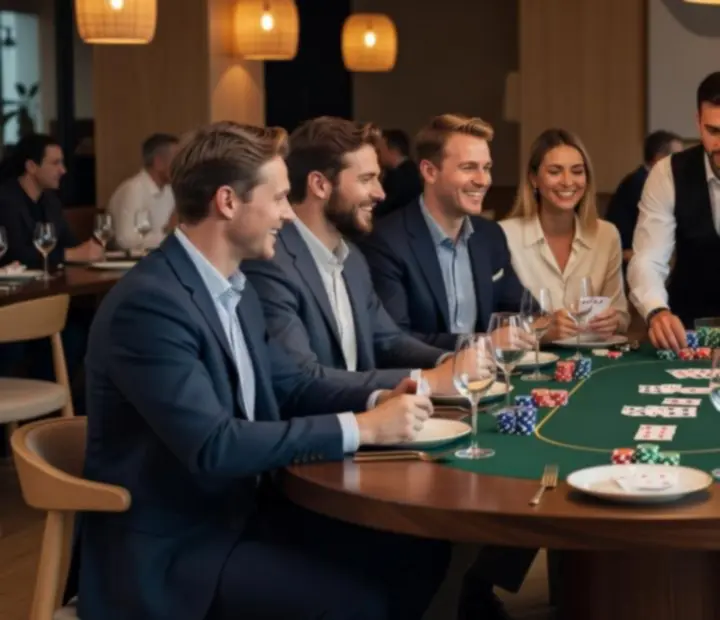 Zespół firmowy przy eleganckim stole pokerowym podczas integracji