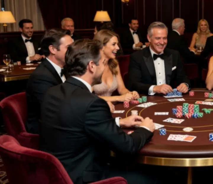 Galeria eleganckich pokerowych wieczorów VIP w restauracjach – goście przy stołach pokerowych w ciepłym świetle