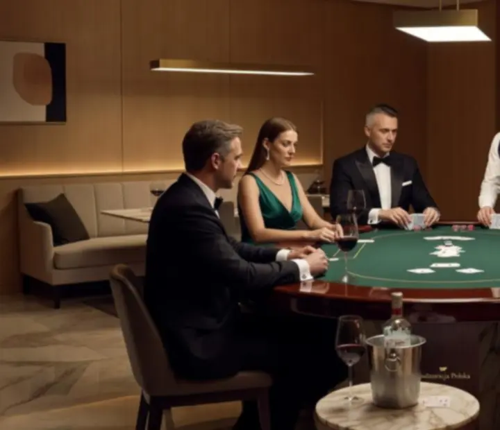 Luksusowy pokerowy wieczór VIP w eleganckiej restauracji przy profesjonalnym stole pokerowym
